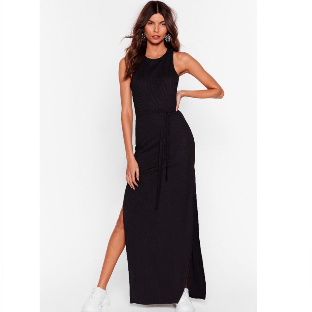 NWT Nasty Gal black maxi dress, tie waist - US 8 (UK 12)